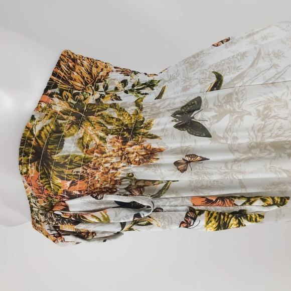 Women's Dress Size Med Cream Orange Butterflies Shirring Maxi High Low Hem Bow - Picture 6 of 10